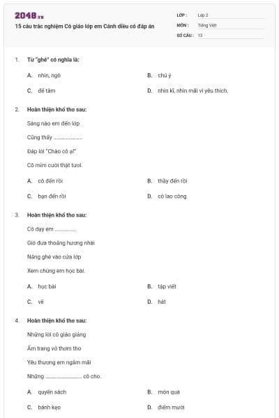 15 câu trắc nghiệm Cô giáo lớp em Cánh diều có đáp án