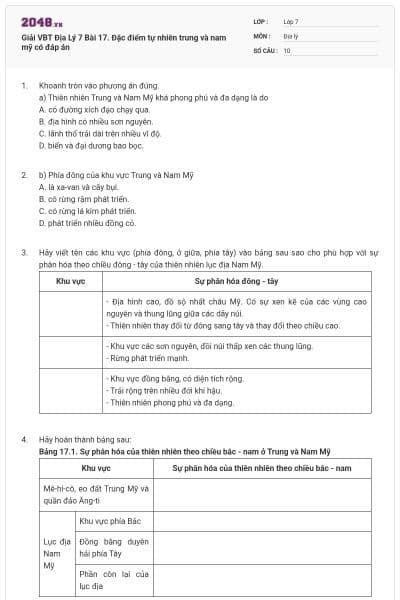 Giải VBT Địa Lý 7 Bài 17. Đặc điểm tự nhiên trung và nam mỹ có đáp án