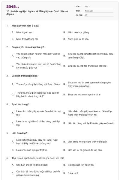 10 câu trắc nghiệm Nghe - kể Mẩu giấy vụn Cánh diều có đáp án