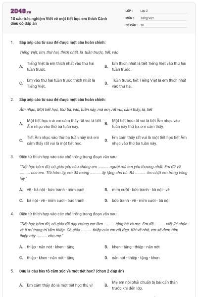 10 câu trắc nghiệm Viết về một tiết học em thích Cánh diều có đáp án