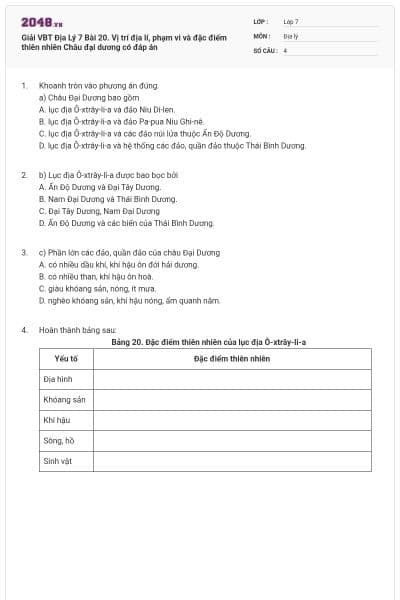 Giải VBT Địa Lý 7 Bài 20. Vị trí địa lí, phạm vi và đặc điểm thiên nhiên Châu đại dương có đáp án