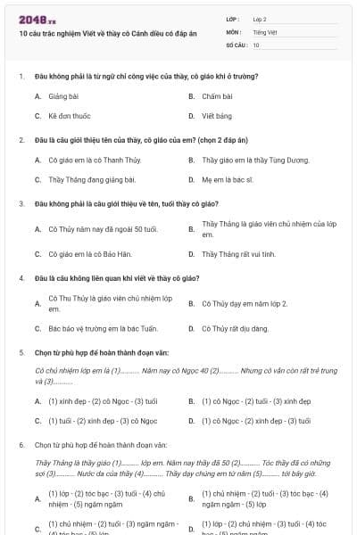 10 câu trắc nghiệm Viết về thầy cô Cánh diều có đáp án