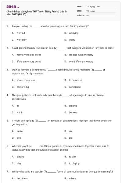 Đề minh họa tốt nghiệp THPT môn Tiếng Anh có đáp án năm 2025 (Đề 15)