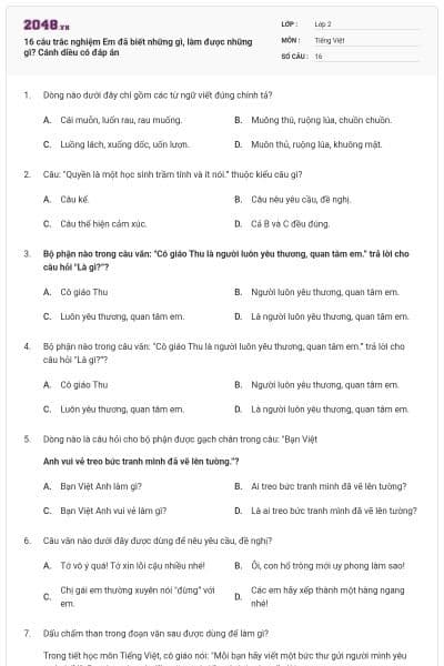 16 câu trắc nghiệm Em đã biết những gì, làm được những gì? Cánh diều có đáp án