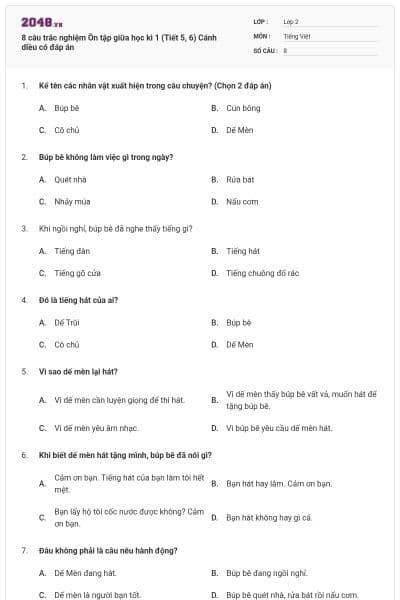 8 câu trắc nghiệm Ôn tập giữa học kì 1 (Tiết 5, 6) Cánh diều có đáp án