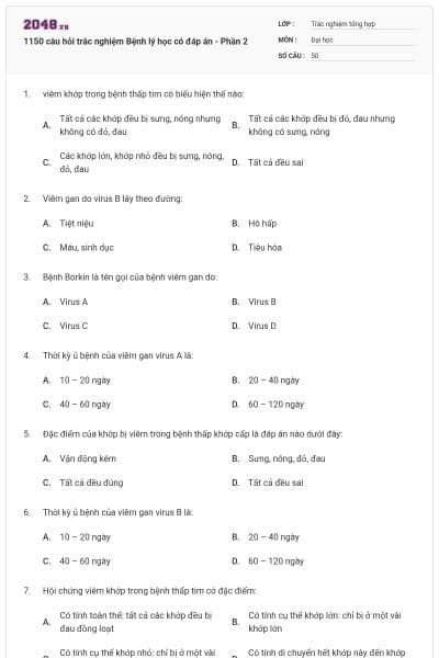 1150 câu hỏi trắc nghiệm Bệnh lý học có đáp án - Phần 2