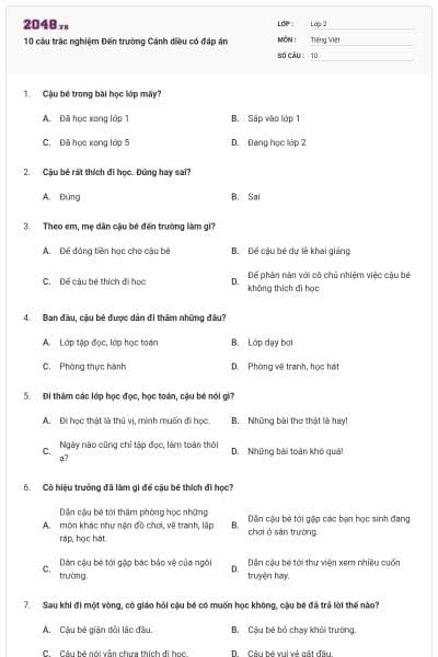 10 câu trắc nghiệm Đến trường Cánh diều có đáp án