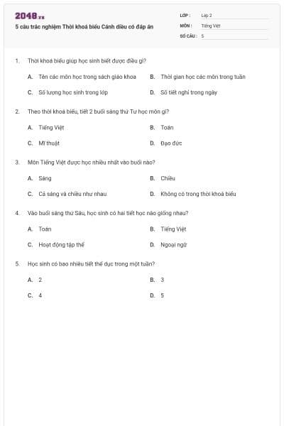 5 câu trắc nghiệm Thời khoá biểu Cánh diều có đáp án