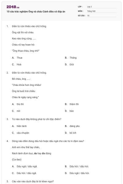 10 câu trắc nghiệm Ông và cháu Cánh diều có đáp án