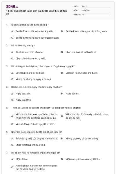 10 câu trắc nghiệm Sáng kiến của bé Hà Cánh diều có đáp án