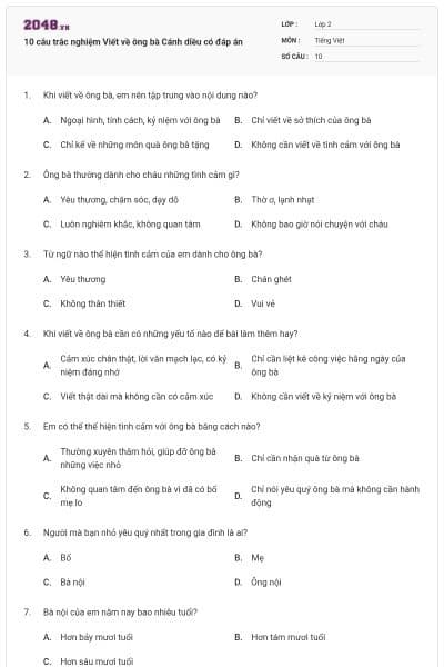 10 câu trắc nghiệm Viết về ông bà Cánh diều có đáp án