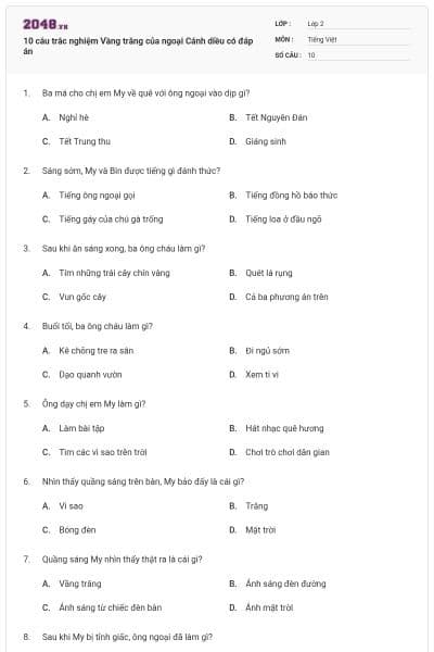 10 câu trắc nghiệm Vầng trăng của ngoại Cánh diều có đáp án