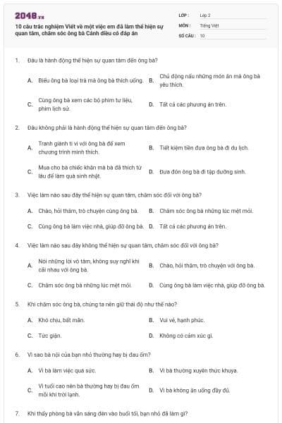 10 câu trắc nghiệm Viết về một việc em đã làm thể hiện sự quan tâm, chăm sóc ông bà Cánh diều có đáp án