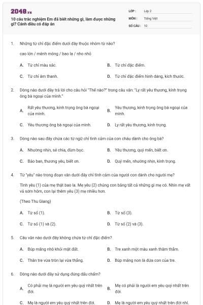 10 câu trắc nghiệm Em đã biết những gì, làm được những gì? Cánh diều có đáp án