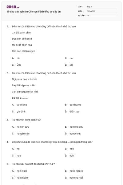 10 câu trắc nghiệm Cho con Cánh diều có đáp án