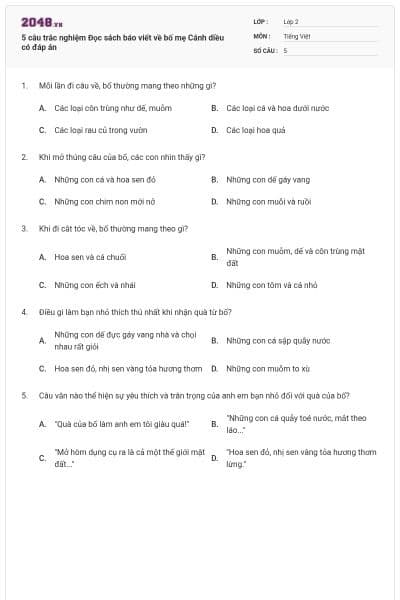 5 câu trắc nghiệm Đọc sách báo viết về bố mẹ Cánh diều có đáp án
