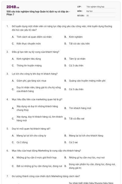 500 câu trắc nghiệm tổng hợp Quản trị dịch vụ có đáp án - Phần 7
