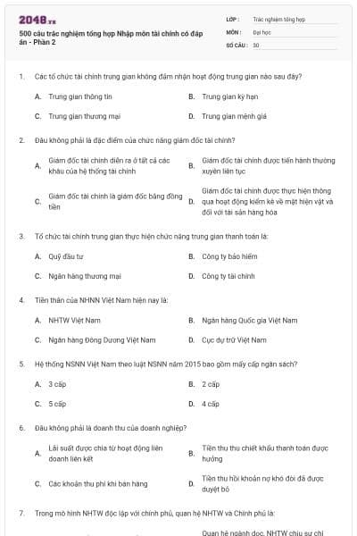500 câu trắc nghiệm tổng hợp Nhập môn tài chính có đáp án - Phần 2