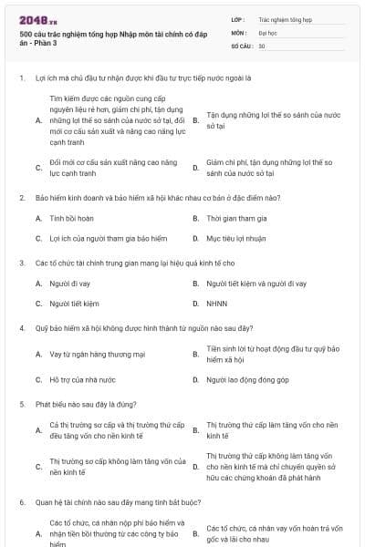500 câu trắc nghiệm tổng hợp Nhập môn tài chính có đáp án - Phần 3