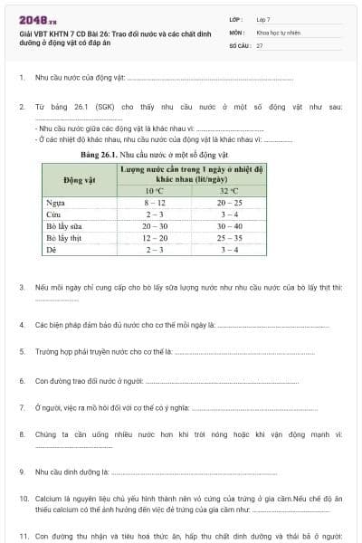 Giải VBT KHTN 7 CD Bài 26: Trao đổi nước và các chất dinh dưỡng ở động vật có đáp án