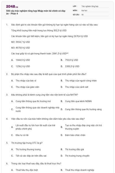 500 câu trắc nghiệm tổng hợp Nhập môn tài chính có đáp án - Phần 4