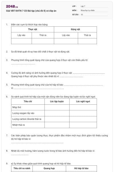 Giải VBT KHTN 7 CD Bài tập (chủ đề 8) có đáp án