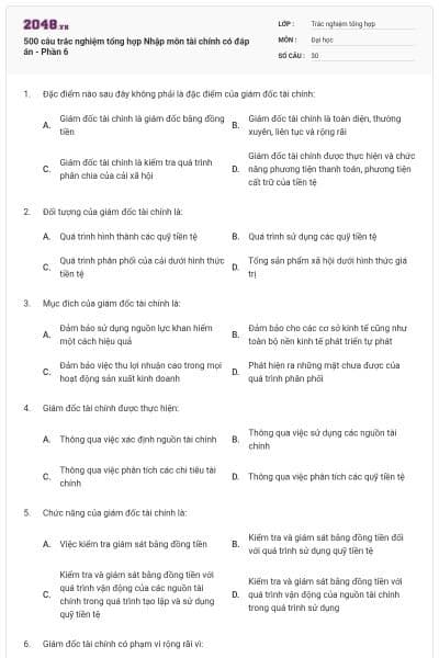 500 câu trắc nghiệm tổng hợp Nhập môn tài chính có đáp án - Phần 6