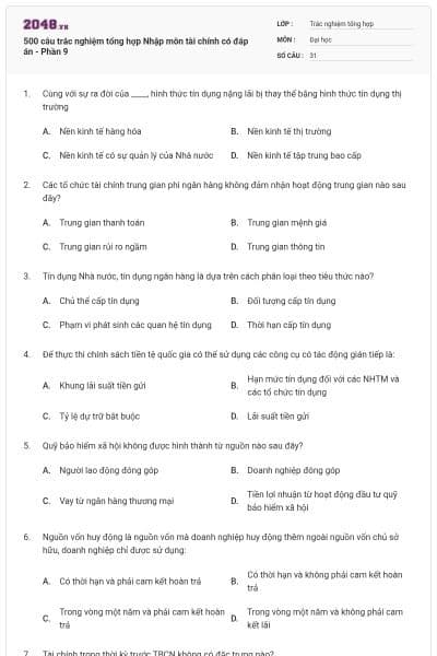 500 câu trắc nghiệm tổng hợp Nhập môn tài chính có đáp án - Phần 9