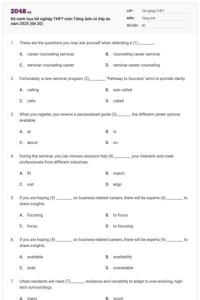 Đề minh họa tốt nghiệp THPT môn Tiếng Anh có đáp án năm 2025 (Đề 20)