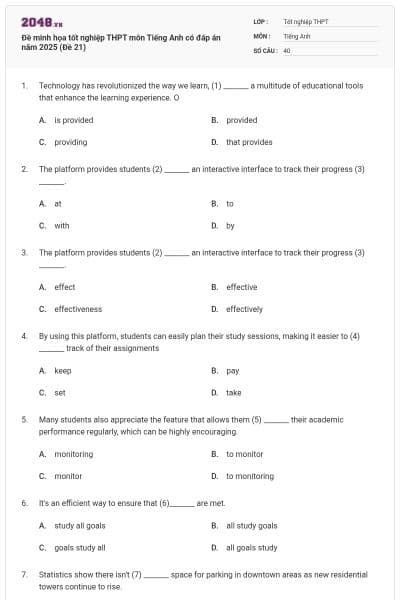 Đề minh họa tốt nghiệp THPT môn Tiếng Anh có đáp án năm 2025 (Đề 21)