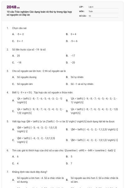 10 câu Trắc nghiệm Các dạng toán về thứ tự trong tập hợp số nguyên có đáp án