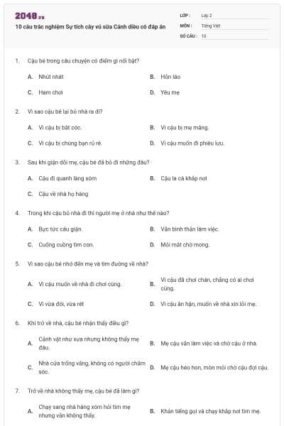 10 câu trắc nghiệm Sự tích cây vú sữa Cánh diều có đáp án