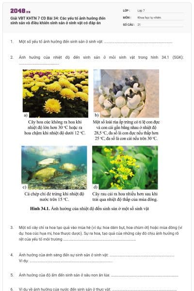Giải VBT KHTN 7 CD Bài 34: Các yếu tố ảnh hưởng đến sinh sản và điều khiển sinh sản ở sinh vật có đáp án