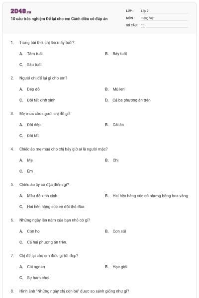 10 câu trắc nghiệm Để lại cho em Cánh diều có đáp án