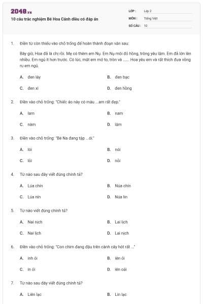 10 câu trắc nghiệm Bé Hoa Cánh diều có đáp án