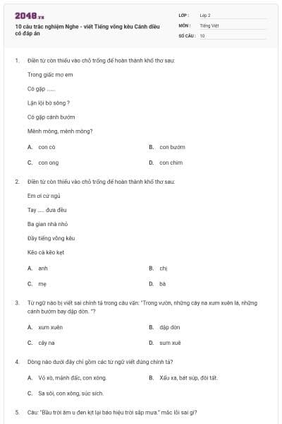 10 câu trắc nghiệm Nghe - viết Tiếng võng kêu Cánh diều có đáp án