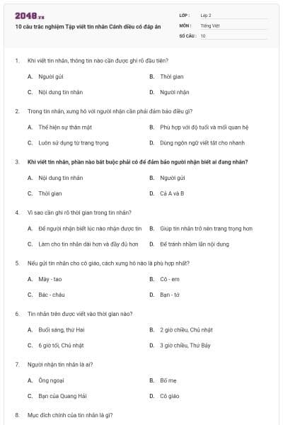 10 câu trắc nghiệm Tập viết tin nhắn Cánh diều có đáp án