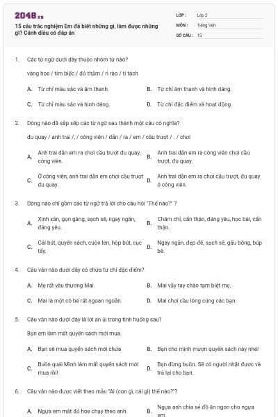 15 câu trắc nghiệm Em đã biết những gì, làm được những gì? Cánh diều có đáp án