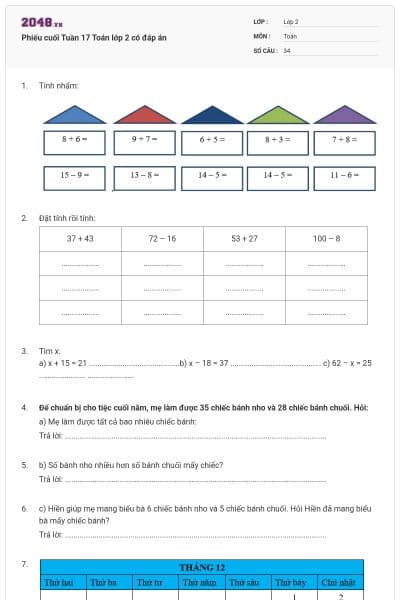 Phiếu cuối Tuần 17 Toán lớp 2 có đáp án