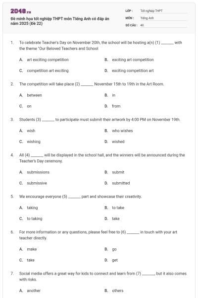Đề minh họa tốt nghiệp THPT môn Tiếng Anh có đáp án năm 2025 (Đề 22)