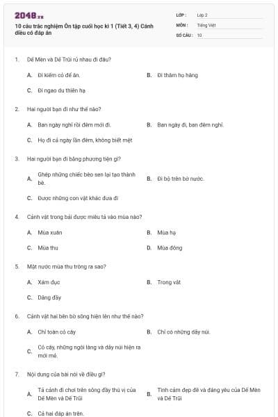 10 câu trắc nghiệm Ôn tập cuối học kì 1 (Tiết 3, 4) Cánh diều có đáp án