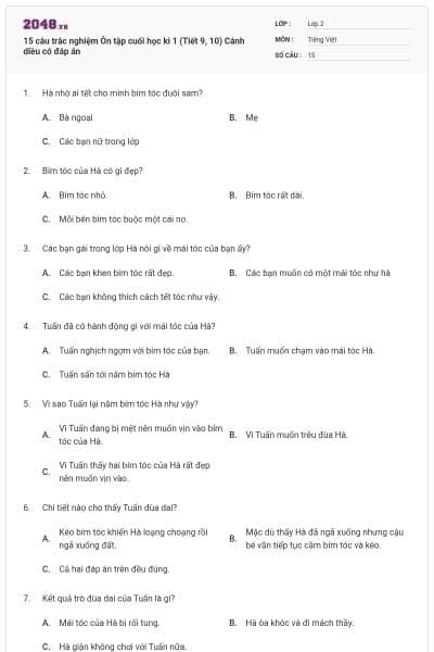 15 câu trắc nghiệm Ôn tập cuối học kì 1 (Tiết 9, 10) Cánh diều có đáp án