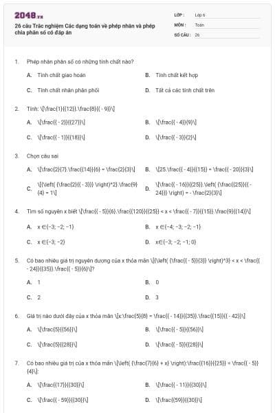 26 câu Trắc nghiệm Các dạng toán về phép nhân và phép chia phân số có đáp án