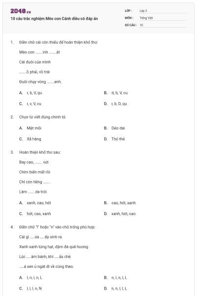 10 câu trắc nghiệm Mèo con Cánh diều có đáp án