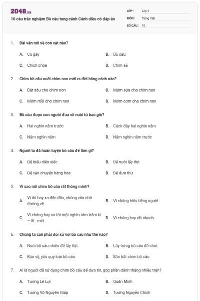 10 câu trắc nghiệm Bồ câu tung cánh Cánh diều có đáp án