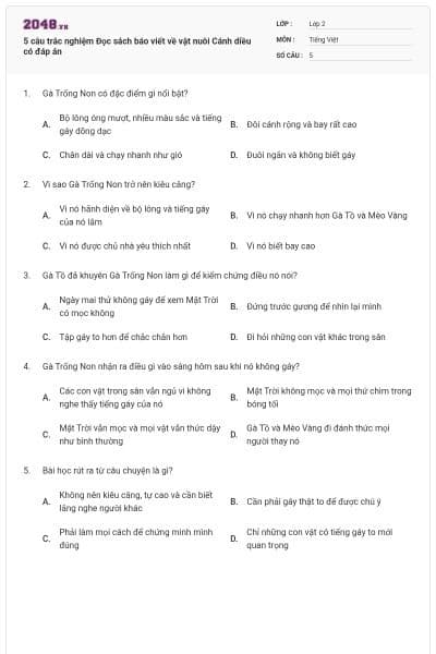 5 câu trắc nghiệm Đọc sách báo viết về vật nuôi Cánh diều có đáp án