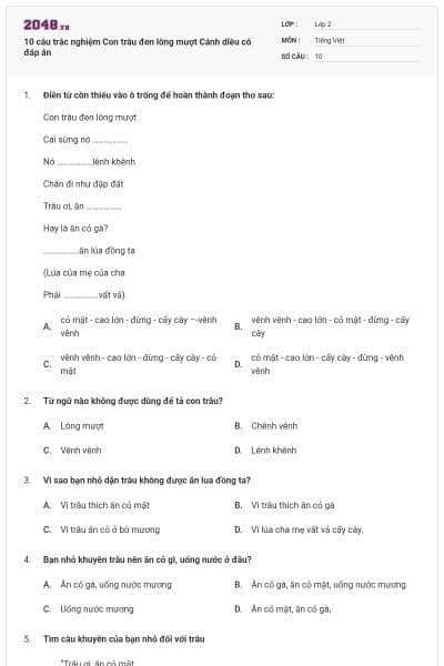 10 câu trắc nghiệm Con trâu đen lông mượt Cánh diều có đáp án