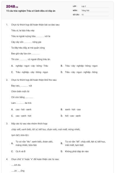 15 câu trắc nghiệm Trâu ơi Cánh diều có đáp án