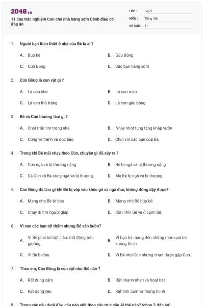 11 câu trắc nghiệm Con chó nhà hàng xóm Cánh diều có đáp án