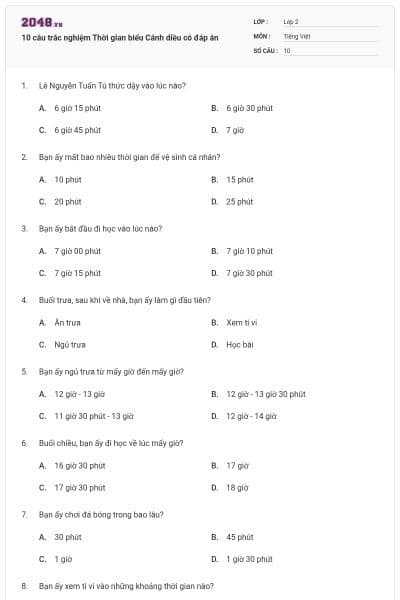 10 câu trắc nghiệm Thời gian biểu Cánh diều có đáp án